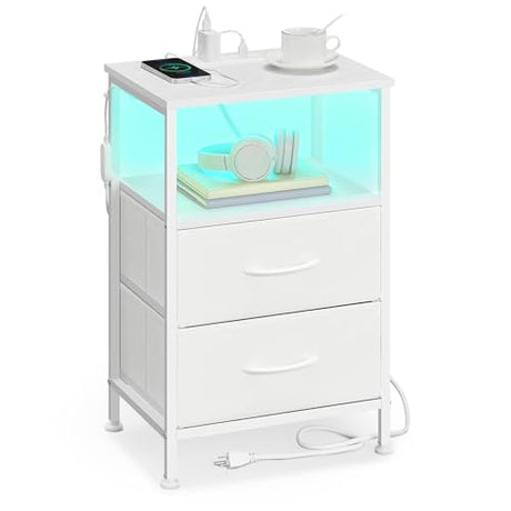 SONGMICS BELLAH Collection - Nightstand with Charging Station and App-Controlled Adjustable LED Lights, Bed Side Table, 2 Drawer and 1 Open Shelf, Bedroom, Cloud White and Snow White ULGS302WH01S SONGMICS
