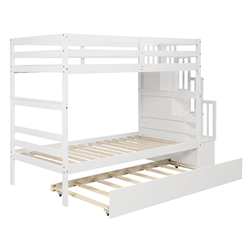 Twin Over Twin Bunk Bed with Trundle,Solid Wood Bunk Beds with Storage Stairs,Bunk Bed Twin Size with Stairs for Kids,Teens,Adults,White Bellemave