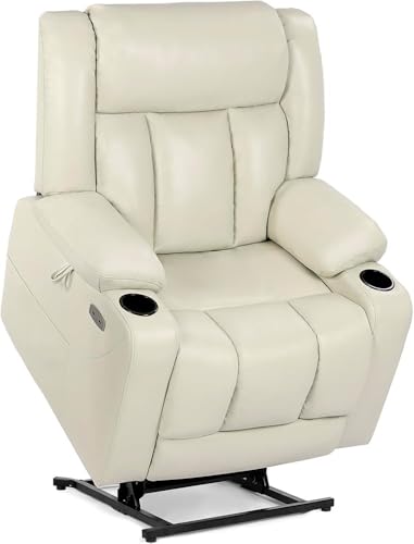 Dual Motor Oversized Power Lift Recliner Chair for Elderly Heavy Duty Faux Leather Lay Flat Massage Heated Big and Tall Reclining Seat with Cup Holders Cream White Adjustable Lounge Sofa Comfortable UOPYNE