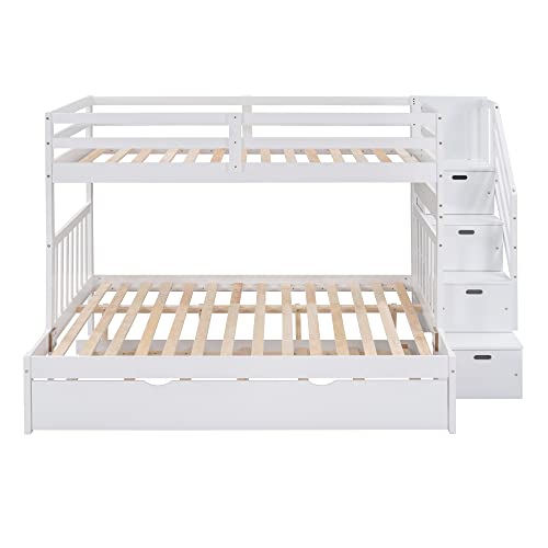 Twin over Full Bunk Bed with Trundle, Wood Bunk Bed with Storage Cabinet and Drawers, Convertible Bunk Beds Twin over Full Size Split into 3 Beds for Kids, Teens, Adults, Noise-reduced, White Harper & Bright Designs