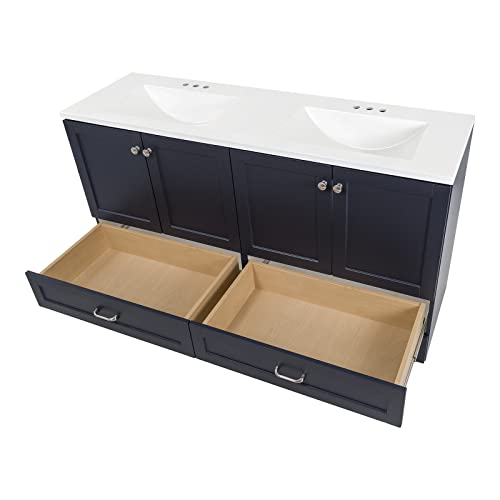 Spring Mill Cabinets Emlyn 60 Inch Double-Sink Bathroom Vanity with White Top, 2 Cabinets, 2 Drawers, 60.5" W x 18.75" D x 32.89", Deep Blue Spring Mill Cabinets