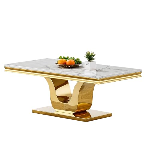 SSLine Modern White Marble Coffee Table with U-Shape Gold Stainless Steel Base Luxury Faux Marble Cocktail Center Table for Living Room Bedroom Home Office (1 Coffee Table) SSLine