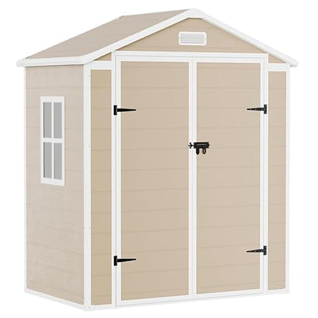 Outdoor Storage Shed 6x3 FT, Resin Outside Sheds Storage with Floor, Included Window & Double Lockable Door, Tool House for Backyard Garden Patio Lawn, Large Plastic Shed Kit for Bike (Wood-Like) WELYAS