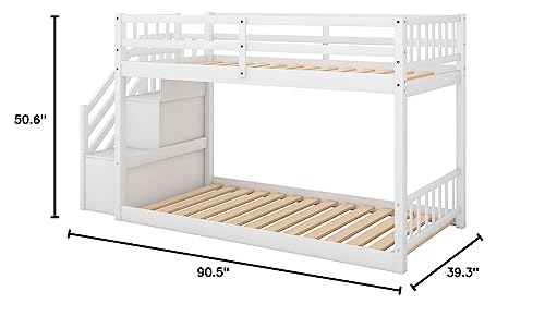 Merax Twin Over Twin Low Bunk Bed with Ladder and for Storage Staircase for Teens, Boys or Girls, No Box Sping Needed Merax