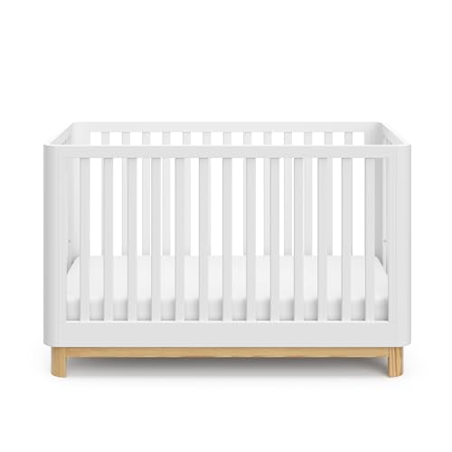 Storkcraft Santos 3-in-1 Convertible Crib (White with Natural) – GREENGUARD Gold Certified, Fits Standard Crib Mattress, Converts to Toddler Bed, Storkcraft