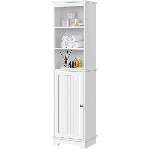 Yaheetech Tall Slim Bathroom Storage Cabinet with 3 Shelves, Enclosed Door, and Modern Design in White - WoodArtSupply