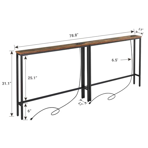 ELYKEN 5.9" Narrow Console Sofa Table with Power Outlets and USB Port, 5.9" Dx39.4 Wx31.1 H Long Behind Couch Table with Metal Frame and 6.5’ Extension Cord, Rustic Brown ELYKEN