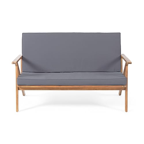 Christopher Knight Home Panama Outdoor Acacia Wood Chat Set with Water Resistant Cushions, 4-Pcs Set, Teak Finish / Grey Christopher Knight Home