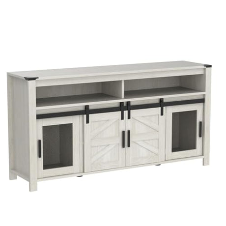 WAMPAT Rustic White Farmhouse Coffee Bar Cabinet with Sliding Barn Doors and Adjustable Storage WAMPAT