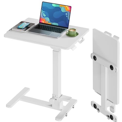 JYLH JOYSEEKER Foldable Mobile Standing Desk, 27 Inch Small Rolling Laptop Cart Height Adjustment, 90° Tiltable Bedside Table, No Assembly Needed Portable Computer Workstation, White JYLH JOYSEEKER
