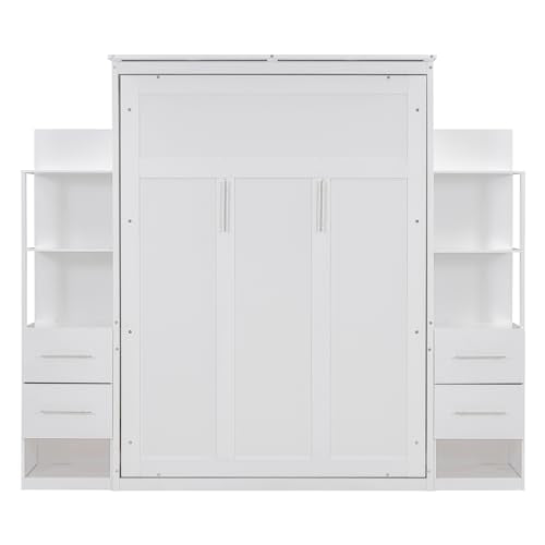 Ball & Cast Murphy Bed Cabinet Full Size,Wall Hideaway Bed with Shelves,can be Folded,Wood Foldable Frame W/Drawers and LED Lights,Slat Support,for for Apartment,Bedroom,White Ball & Cast