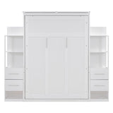 Ball & Cast Murphy Bed Cabinet Full Size,Wall Hideaway Bed with Shelves,can be Folded,Wood Foldable Frame W/Drawers and LED Lights,Slat Support,for for Apartment,Bedroom,White Ball & Cast