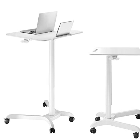 AVLT 44-inch Ambidextrous Pneumatic Laptop Standing Desk Cart (3 ft 8 in), Mobile Rolling Desk with Adjustable Height, Folding Computer & Projector Cart, White Cart with Brakes AVLT