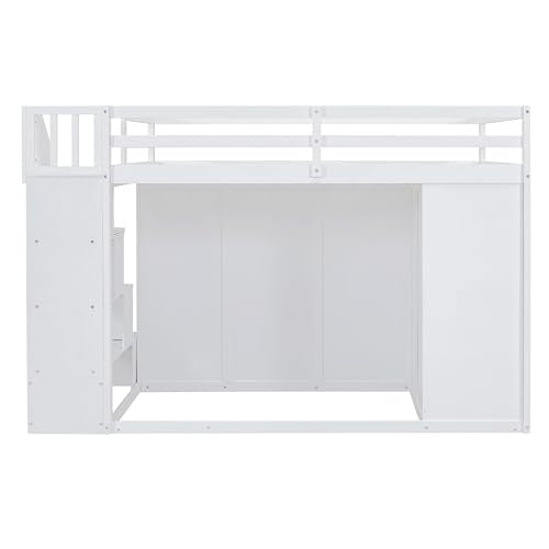 Ball & Cast Full Size Loft Bed with Storage Staircase & Safety Guardrail,Sturdy Wood Bedframe W/ 3 Cabinets & 4 Drawers,Built-in Wardrobes,Space Saving,for Boy Girl Kids Small Bedroom Dormitory,White Ball & Cast