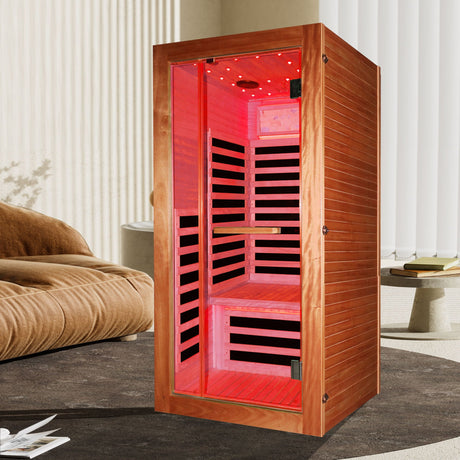 Single Person Sauna Room With LED Lighting, Epoxy Heating Plates, And Compact Design - American White Oak HouseOfZazla