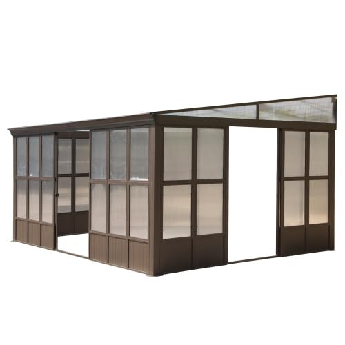 12x16FT All Season Sunroom, Outdoor Permanent Wall Mounted Solarium with Detachable Polycarbonate Windows, Aluminum Lean to Gazebo Sun Room with 2 Lockable Sliding Doors for Garden Patio Deck Ginkartu