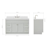 ARIEL 55" Grey Bathroom Vanity 1.5" Edge Pure White Quartz Countertop & Splash, Rectangular Sink, 2 Soft Closing Doors, 4 Full Extension Dovetail Drawers, Built in Toe Kick ARIEL