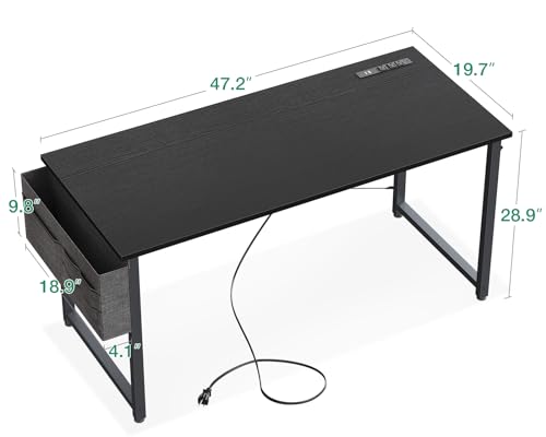 KKL Small Desk with Power Outlets and USB Port Computer Desk for Home Office Gaming Simple Modern Style Writing Desks with Storage Bag Headphone Hook, 48 inch, Black KKL