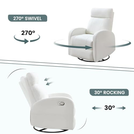HOMYKA Swivel Rocker Recliner Chair, Manual Faux Leather Recliner, Glider Rocking Recliners 360°Swivel Nursery Reclining Chairs with Adjustable Headrest Highback for Living Room, White HOMYKA