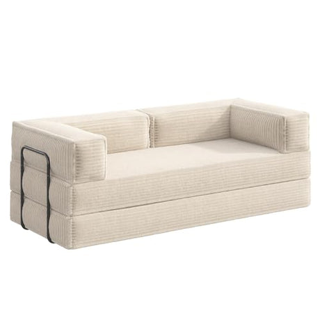 WLIVE 87'' Futon Sofa Bed, Convertible Sleeper Sofa, Folding Pull Out Couch Boneless Mattress with Fixed Frame, Corduroy, Beige WLIVE
