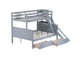 PVWIIK Twin Over Full Bunk Bed with Slide & 2 Drawers for Boys,Girls Bedroom,Rubber Wood Bed Frame W/Storage Shelves for Adult,Teenagers,No Box Spring Needed, Grey PVWIIK
