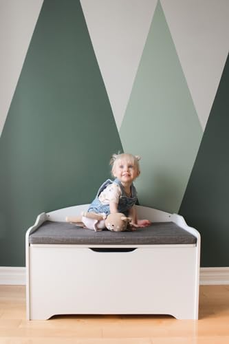 TREASURE KIDS Toy Chest with Gray Cushion - Seating Bench - White Furniture for Playroom - Kids and Babies Toy Box, Wooden Storage Organizer, Children's Furniture - Large