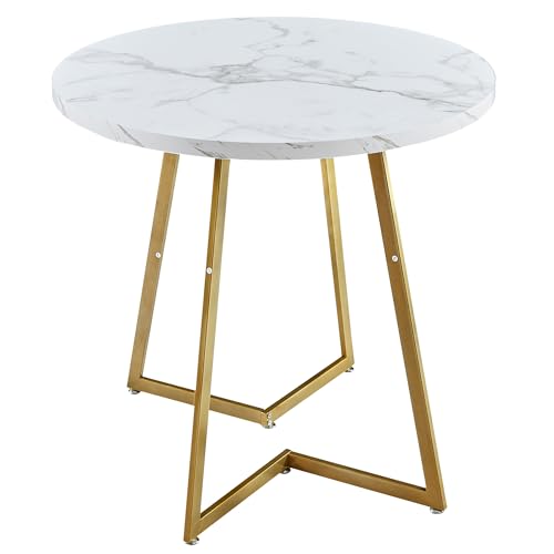 VECELO Round Dining Room Table with Wood Grain Tabletop and Steel Frame, for Kitchen, Living Room, Office, Conference, 2 to 4 Person, White & Gold VECELO