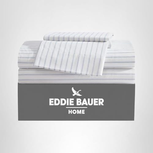 Eddie Bauer - Twin Sheets, Cotton Percale Bedding Set, Crisp & Cool Home Decor (Essential Stripe White, Twin) Eddie Bauer