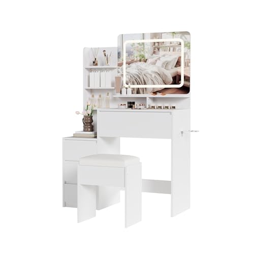Loumernhant Vanity Set with Mirror and Adjustable Lights, Makeup Vanity Table with Built-in Charging Station, Vanity Desk with 4 Drawers, 4 Shelves, Vanity Bench for Bedroom-White Loumernhant