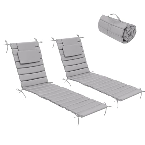 Crestlive Products Chaise Lounge Cushion Outdoor Set of 2, Foldable Waterproof Pool Lounge Chair Cushions with Straps, Lounger Cushions for Outdoor Furniture， 71''Lx21''W (Light Gray)