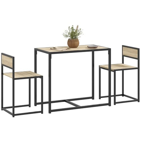 HOMCOM 3-Piece Industrial Dining Table Set for 2, Kitchen Table and Chairs, Dining Room Sets for Small Spaces, Oak HOMCOM