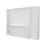 SOFTSEA Queen Size Murphy Bed with Desk, Space Saving Foldable Wall Bed Frame with Storage Shelves, Hideaway Wall Murphy Bed Cabinet for Small Room, Guest Room, White SOFTSEA