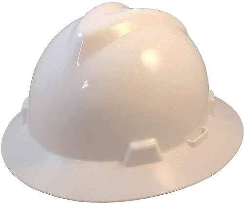 MSA 475369 V-Gard Full-Brim Hard Hat With Fas-Trac III Ratchet Suspension | Polyethylene Shell, Superior Impact Protection, Self Adjusting Crown-Straps - Standard Size in White MSA