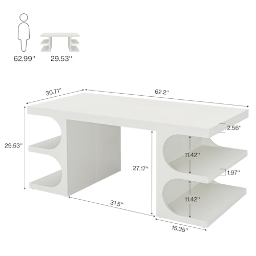 Tribesigns White Executive Office Desk, 63" Computer Desk with Storage Shelves, Modern Wood Study Writing Table, Large Workstation Business Furniture for Home Office (Table Only) Tribesigns
