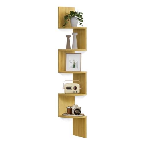 VASAGLE 5-Tier Natural Oak Corner Shelf - Modern Floating Bookshelf for Home and Office - WoodArtSupply