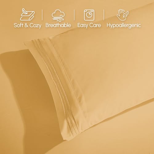 Elegant Comfort 1500 Premium Quality 6-Piece Bed Sheet Set - 18-24 Inch Extra Deep Pocket, Smart Storage Pockets, Wrinkle Free Ultra Soft 6PC Extra Deep Pocket Sheets, Queen, Gold Elegant Comfort