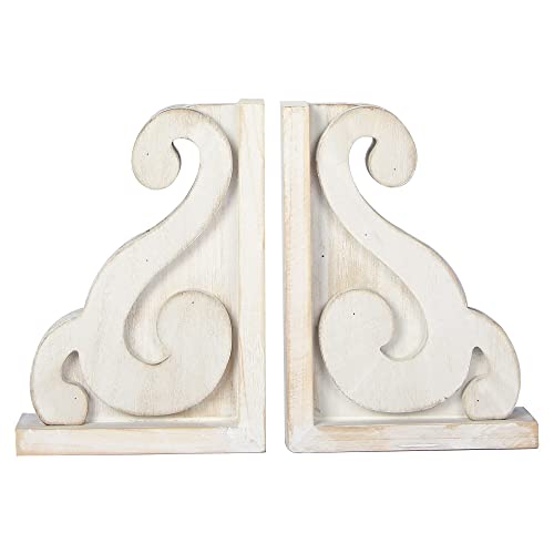 GENMOUS Rustic Distressed Vintage Scroll Corbel Bookends,Farmhouse Whitewashed Wood Decorative Bookends,Rustic Corbels Shelf Brackets,Shabby Chic Vintage Book Ends,Home Decoration and Gift,Set of 2.