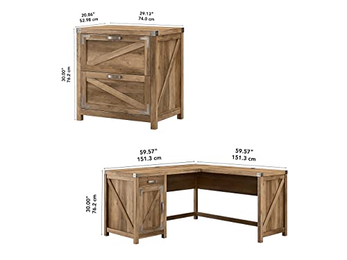 Bush Furniture Cottage Grove L Shaped Desk with 2 Drawer Lateral File Cabinet, 60W, Reclaimed Pine - WoodArtSupply