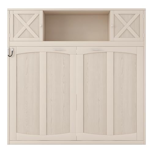 TCMILA Full Size Murphy Cabinet Bed with Storage Shelf and Cabinet Built-in Door, Folded Horizontal Murphy Hidden Bed, No Box Spring Needed, Beige TCMILA