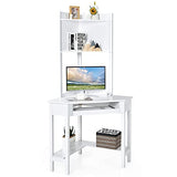 Tangkula White Corner Desk with Hutch, 90 Degrees Triangle Computer Desk with Keyboard Tray & Bookshelves for Small Space, Space Saving Writing Desk with Storage Shelves for Bedroom Apartment Tangkula