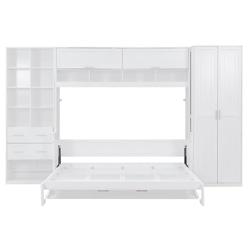 Merax Queen Murphy Bed with Tall 90.6" Closet Wardrobe & Shelves & Drawers, All-in-One Multi-Storage Side Flip Wood MDF Murphy Cabinet Bed Desk, Open/Close Hydraulically (White) Merax