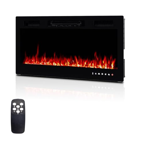 ROVSUN 36 Inch Electric Fireplace with Remote, 1500W Wall Mounted & Recessed Fireplace with Timer, 12 Flame Color, 5 Brightness, Crystal Set ROVSUN