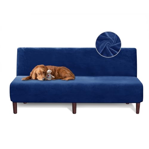 XIAROGEE Armless Futon Cover Velvet Futon Slipcover Soft Stretch Couch Covers with No Arm Sofa Bed Cover with Non-Slip Thick Plush Furniture Protector Washable Couch Slipcovers for Living Room(Navy) XIAROGEE