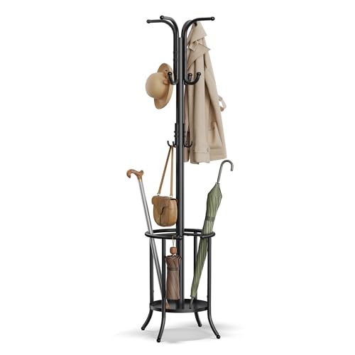 SONGMICS Coat Rack Freestanding, Coat Rack with Umbrella Holder, Metal Coat Rack Stand with 12 Hooks, for Entryway, Hallway, Living Room, Bedroom, Ink Black URCR011B01