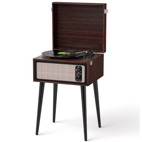 Vintage Standing Vinyl Record Player with Detachable Legs, PC Recording, 3-Speed Belt Driven Bluetooth Turntable Built-in Stereo Speakers Use as Stand or Tabletop Player, Home Decor, Espresso TANLANIN