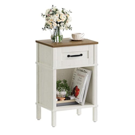 YAUKTAK White Farmhouse Nightstand with Drawer, Small Wooden Bedside Table, White End Table, Bedroom Side Table with Storage, Rustic Wood Night Stand LET512WR YAUKTAK