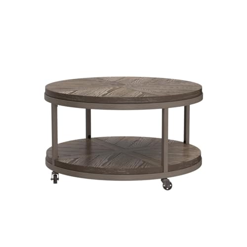 SEI Furniture Konya Urban Industrial Round Coffee Table, White-limed Burnt Oak/Distressed Gray - WoodArtSupply