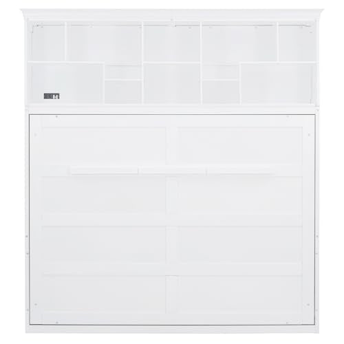 Merax Modern Farmhouse Solid Wood Murphy Cabinet Bed with Top Shelves & USB Charging, Tall Wall Platform Bed No Box Spring Needed/Easy Assemble Queen,White Merax