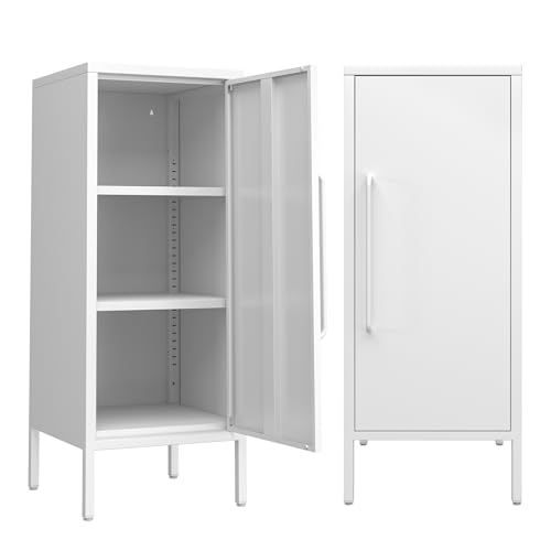 PEROKIER Metal Storage Cabinet with 2 Adjustable Shelves Freestanding White Storage Cabinets with Door for Office Kitchen Bathroom Living Room Pantry Garage PEROKIER