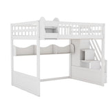 Merax Queen Size Wood Loft Bed with Wardrobe and Staircas, Storage Shelves, Floor Multifunction Bunk Bed with Full Length Gardrails, Space Saving,White Merax